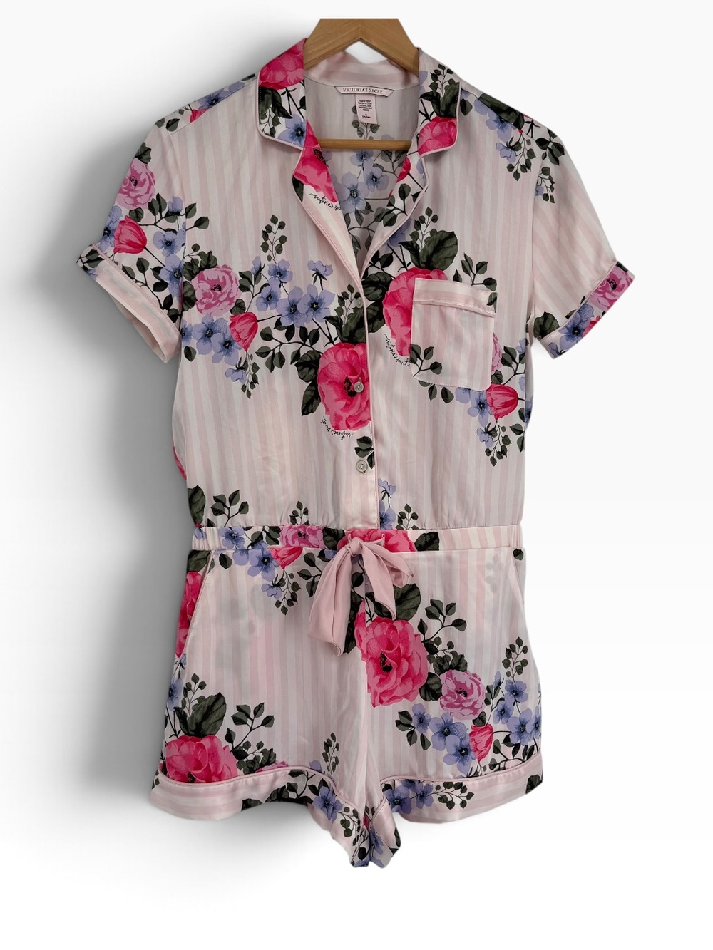 Victoria's Secret Rose Floral Romper Sleepwear Pajamas Pink Size M Satin Stripes